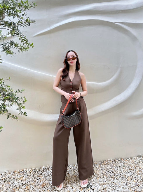 Women Casual Halter Neck Waist Coat with Trousers Sets